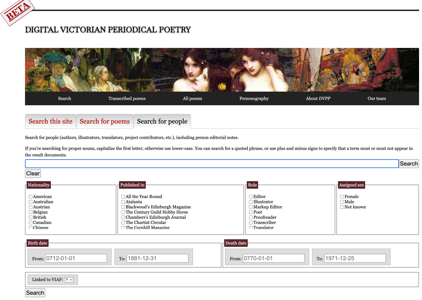 Partial view of the “Search for People” page in Digital Victorian Periodical Poetry (https://dvpp.uvic.ca/searchPeople.html)